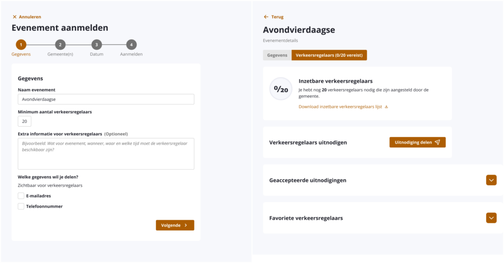 Meldt nieuwe evenementen aan en nodig verkeersregelaars uit
